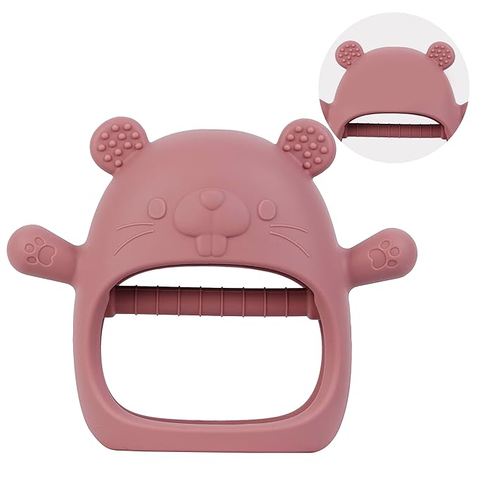 Silicone Baby Teether for 3–12 Months, BPA-Free Easy Grip Teething Toy for Infants, Soft Sensory Chew Toy, One-Piece Dishwasher Safe Design(Groundhog Dark Pink)