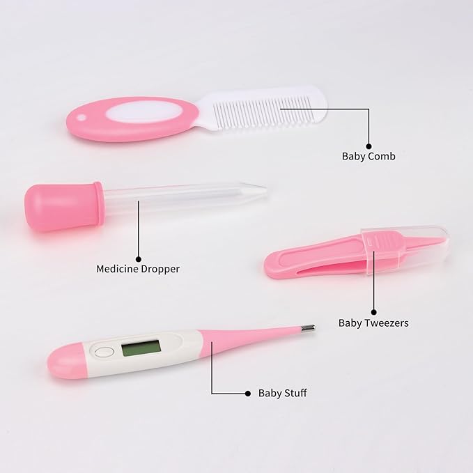 Baby Healthcare and Grooming Kit, Baby Safety Set Newborn Nursery Health Care Set with Hair Brush Scale Measuring Spoon Nail Clippers (Pink 17 in 1)