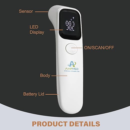 Amplim No-Touch Infrared Forehead Thermometer for Humans | Medical-Grade Temporal Artery Thermometer | 1-Second Fast Read with LED Display & Fever Alarm for Baby and Adults