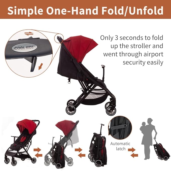 COOL KIDS Portable Stroller with Automatic Fold，Lightweight Umbrella Stroller with Pop Out Sun Canopy，Compact Stroller for Travel(red)