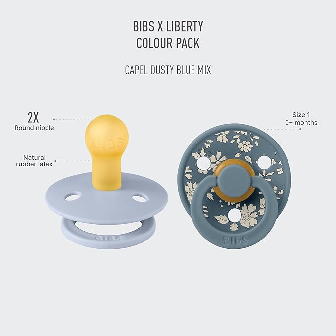 BiBS Liberty Pacifier 2-Pack, BPA Free Pacfiers with Natural Latex Round Nipple, Made in Scandinavia, Size 1 (0-6 Months), Capel Dusty Blue