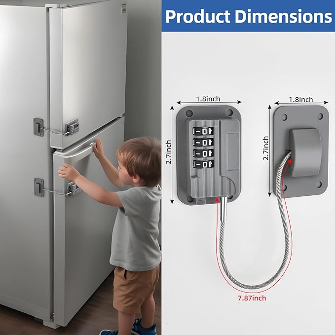 Refrigerator Lock, Heavy Duty Fridge Locks for Kids, Freezer Lock with Combination for Refrigerator Drawer Cabinet Safety, Easy to Install No Keys Needed Grey