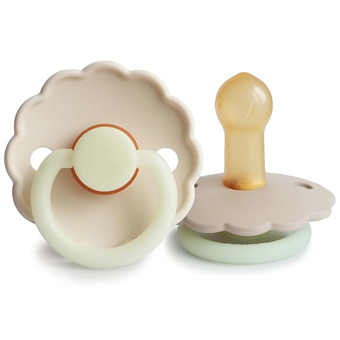 FRIGG Daisy Night Natural Rubber Baby Pacifier | Made in Denmark | BPA-Free (Croissant/Cream, 6-18 Months) 2-Pack