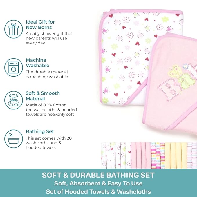 Spasilk Bath Hooded Towels & Washcloths Set for Babies, 23-Piece Gift Set, Pink