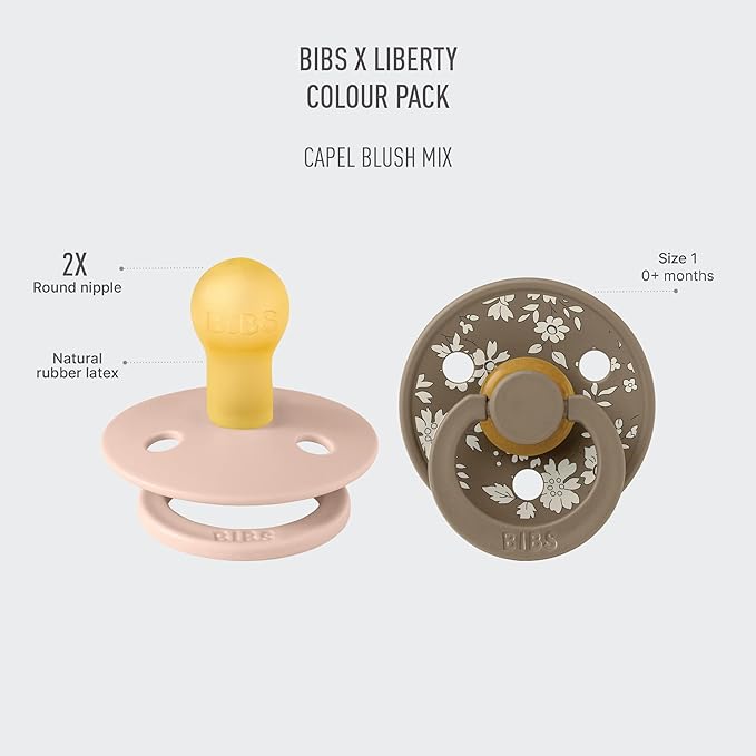 BiBS Liberty Pacifier 2-Pack, BPA Free Pacfiers with Natural Latex Round Nipple, Made in Scandinavia, Size 1 (0-6 Months), Capel Blush