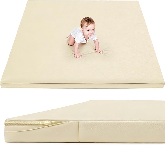 Waterproof Baby Play Mat for Floor 1.3"Thick Memory Foam 59*59 Cushion Playpen Playmat Tummy Time Crawling Mat Nursery Rug Pad Mattress Create Soft & Safe Area for Infants,Toddler,Kids,Beige