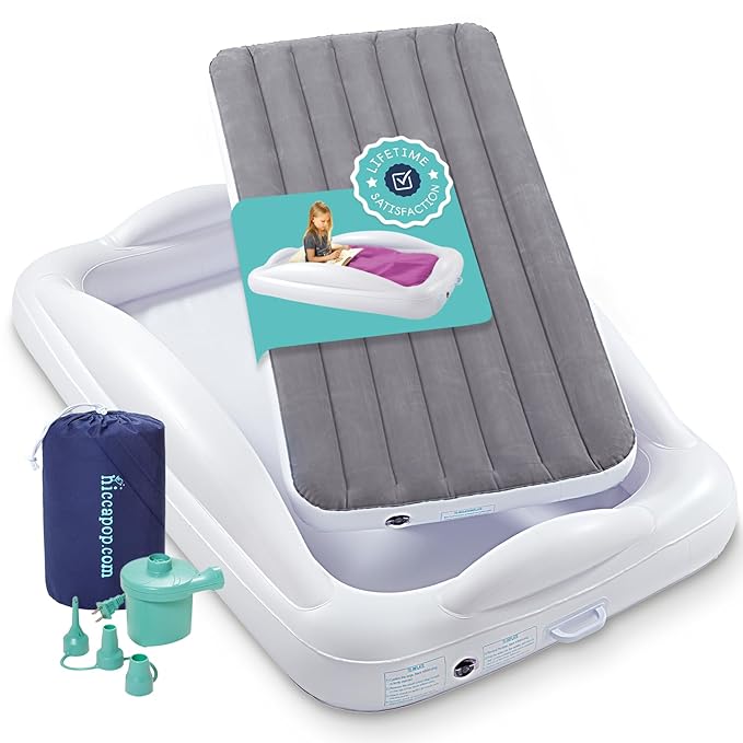 Hiccapop Inflatable Toddler Travel Bed with Safety Bumpers [4-Sided], Portable Toddler Bed for Kids, Toddler Air Mattress, Kids Air Mattress - Grey