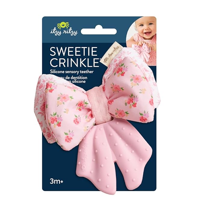 Itzy Ritzy Crinkle Teether Toy – Bow Teething Toy Includes Silicone, Velour & Crinkle Material – Features Multiple Textures for Teething Relief – Designed for Ages 3 Months and Up (Bow)