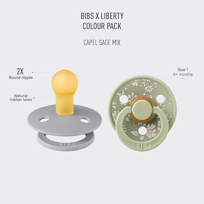BiBS Liberty Pacifier 2-Pack, BPA Free Pacfiers with Natural Latex Round Nipple, Made in Scandinavia, Size 1 (0-6 Months), Capel Sage