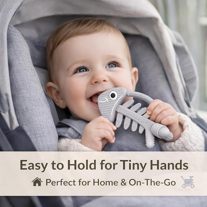 3 in 1 Infant Toys, Baby Teething Toys 3–6 6–12 Months, Teethers for Babies 0–3–6–12 Months for Teething Relief, Baby Gift, Baby Teether Toys, Silicone Sensory Toys, USA Patent Pending, Fish (Gray)