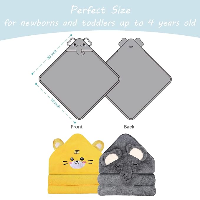 2 Pack Hooded Baby Towels for Newborn, Baby Bath Towel with Hood for Babies, Infant, Toddler and Kids, Soft and Absorbent Newborn Essential(Elephant & Tiger)
