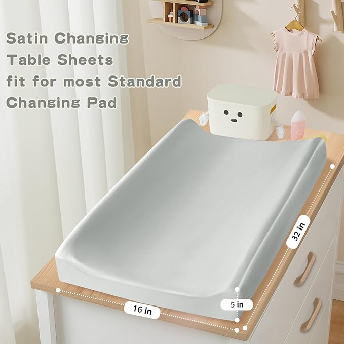 SiinvdaBZX 2 Pack Changing Pad Cover for Baby Girls Boys, Satin Silky Soft Changing Table Covers 32"x16"+5" Diaper Changing Pad Sheets, Silver & Light Blue