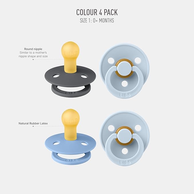 BIBS Pacifiers - Color 4 Pack | Round Nipple Baby Pacifier | BPA Free Natural Rubber Latex Soother | Made in Europe | Size 0-6 Months | Blue Colors