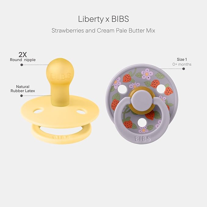 BiBS Liberty Pacifier 2-Pack, BPA Free Pacfiers with Natural Latex Round Nipple, Made in Scandinavia, Size 1 (0-6 Months), Strawberries and Cream Pale Butter Mix