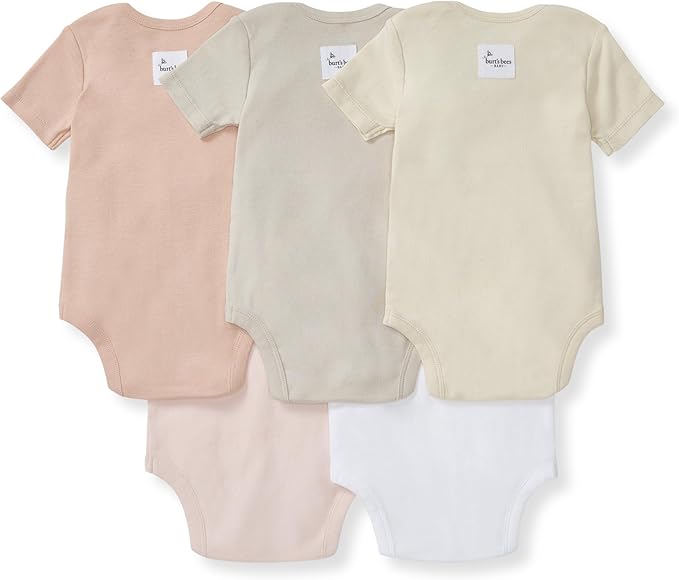 Burt's Bees Baby Bodysuits, Short Sleeve and Long Sleeve One-Pieces, 100% Organic Cotton, Pack of 5