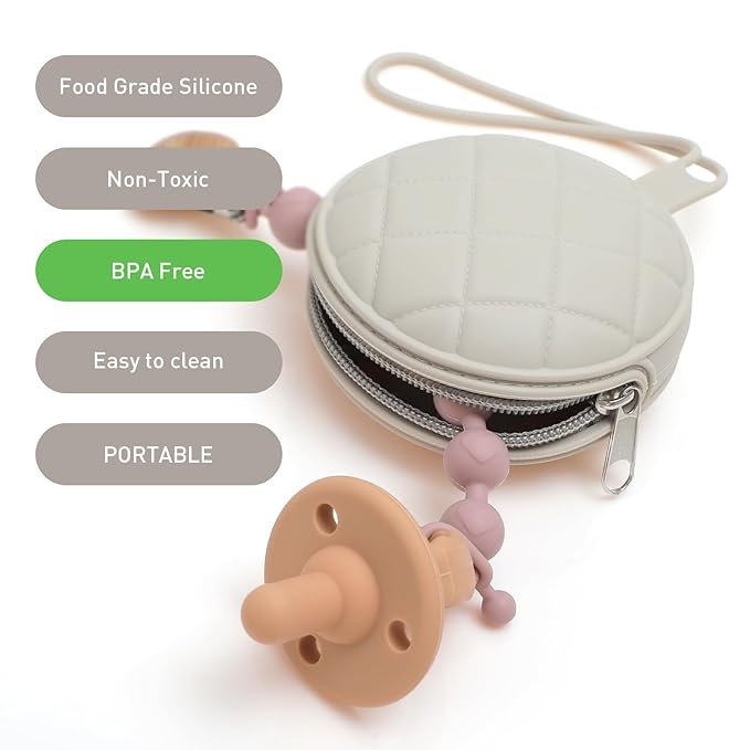 Pacifier Holder Case, Soft Silicone Portable Pacifier Clip and Accessory Pouch for Newborn Baby, BPA Free (Sand + Light Grey)