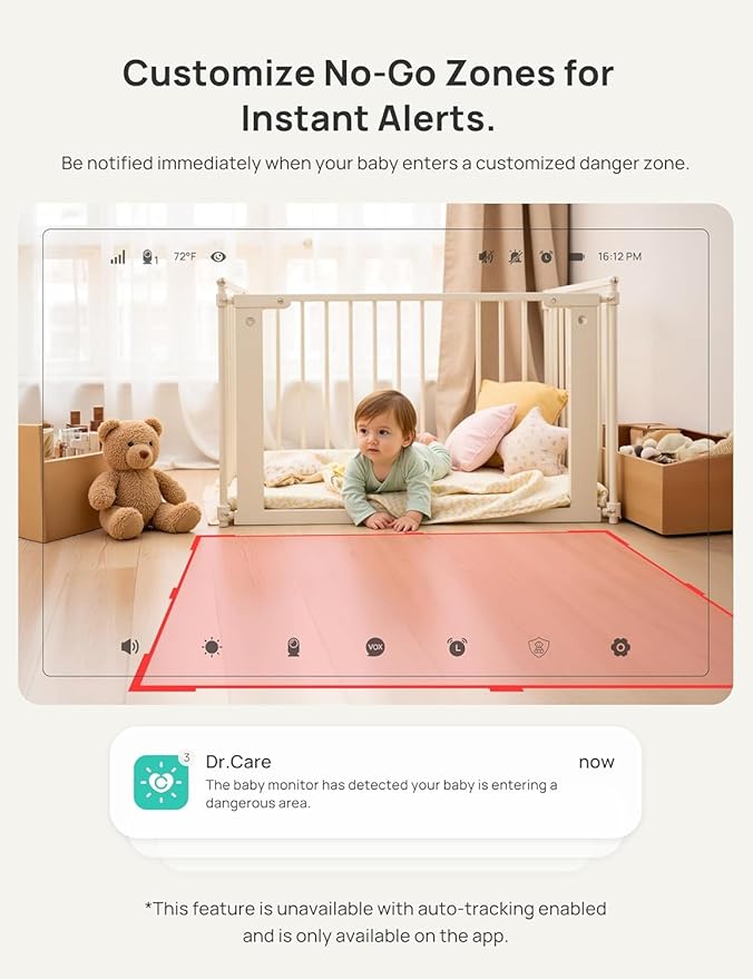 Dr.Care VistaView 5” Smart WiFi Baby Monitor with 2 Camaras - 2K Camera App Control & 1080P Split Screen, Cry & Motion Detection, Pan-Tilt-Zoom, HD Night Vision, Video Recording, Triple Security