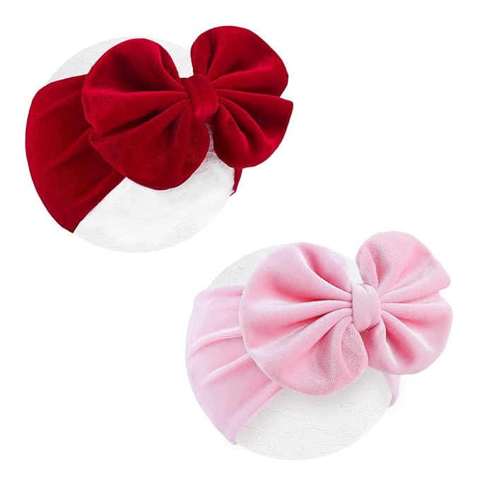 YanJie Hairband - Velvet Bows for Baby Girls, Soft Handmade Headbands, Ideal Gifts for Toddlers, Girls Infant, Kids, 2 Pack - Red, Pink
