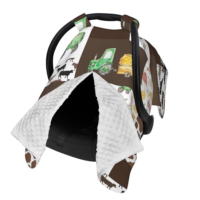 Personalized Farm Theme Baby Car Seat Canopy for Babies with Name, Custom Tractors Green Car Seat Covers for Girls Boys, Opening Minky Nursing Breastfeeding Cover Infant Carseat Canopies for Newborn