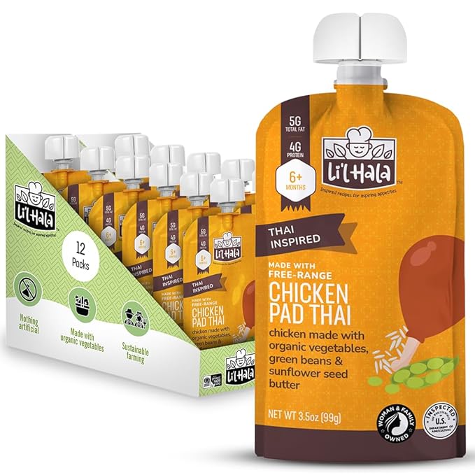 Li'l Hala Foods - Baby Meat Pouches - Toddler Meals with Meat – Protein & Healthy Fats Puree – No Hormones – 6+ Months – 3.5 oz (12 Pack) (Chicken Pad Tha)