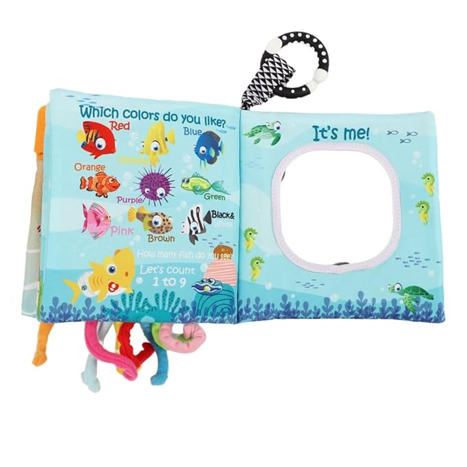 Fish Baby Books Toys, Touch Feel Cloth Crinkle Books for Babies, Infant Toys 0-6, 6-12, 12-18 Months,Early Learning Education Toys,Shower Baby Christmas Gifts for Boys Girls,Teething,Mirror,Shark