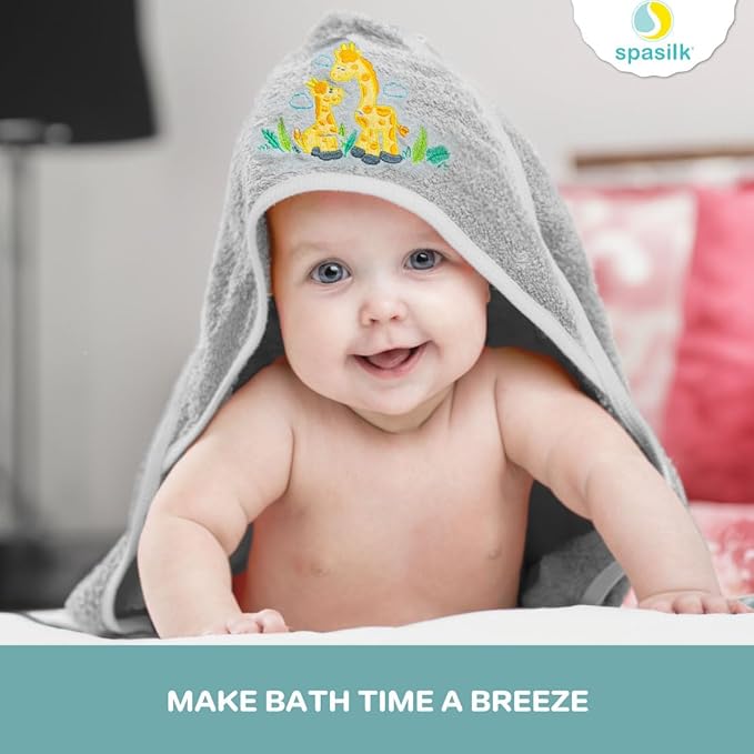 Spasilk Hooded Bath Towel and Washcloths Set for Newborns, 1 Soft Terry Baby Towel and 3 Baby Washcloths, Baby Essentials, Ideal, One Size, Gray Giraffe