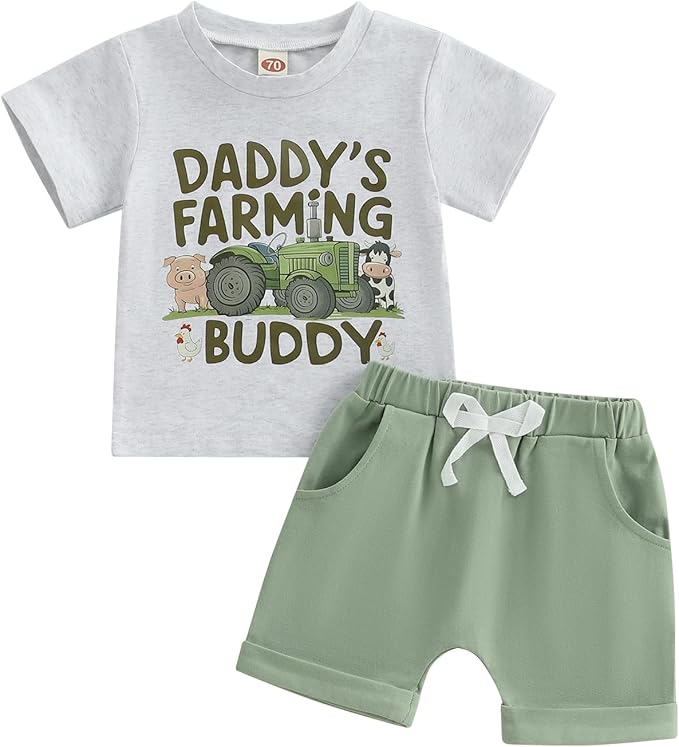 Toddler Baby Boy Clothes Summer Short Sleeve Trucks Tractors Print T-Shirt Tops Solid Color Shorts Set Casual Outfit