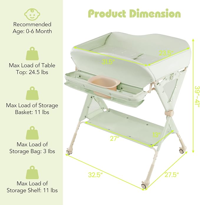 INFANS Baby Changing Table with Wheels, Portable Folding Diaper Station Nursery Organizer with Storage Basket, Hanging Rack, Adjustable Height, Safety Belt for Newborn Infant (Green)