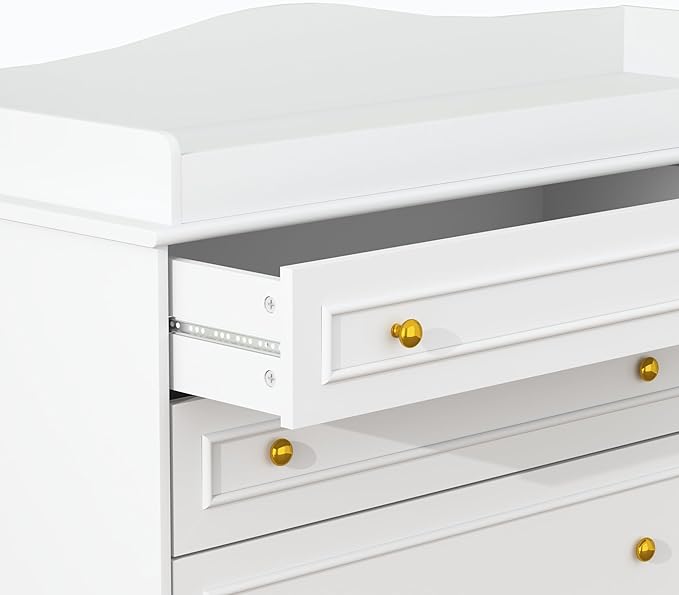 St.Mandyu White Changing Table Dresser, Baby Nursery Dresser, Baby Diaper Changing Table, 5 Drawers, Adjustable Shelves, Metal Handle, Curved Wrapping Design, White