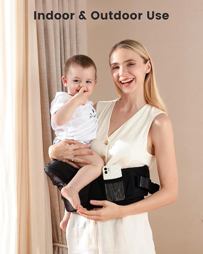 Grownsy Ultra-Comfy Baby Carrier with Hip Seat, Enhanced Safety, Hands-Free Support for Newborn to Toddler (0-50 lbs), Multiple Pockets, Ergonomic, Adjustable Waistband, Minimalist Design – Black