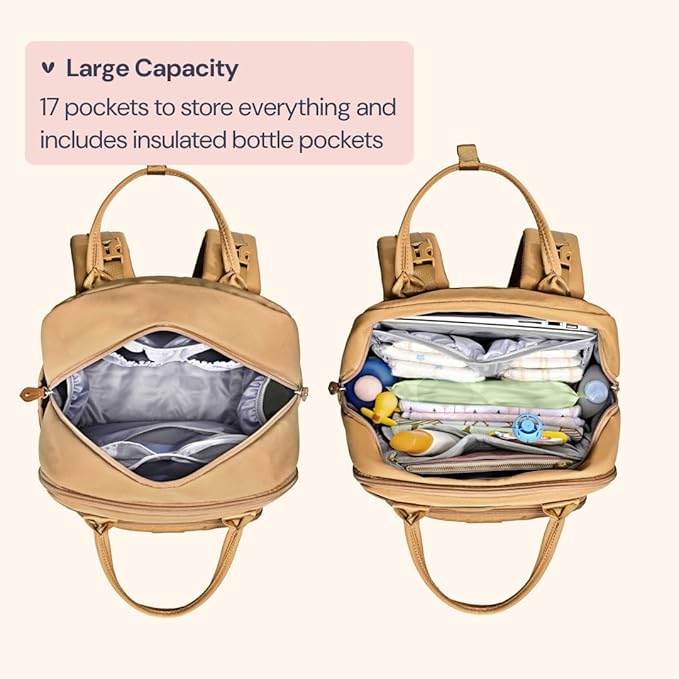 BabbleRoo Diaper Bag Backpack - Baby Essentials Travel Tote - Multi function Water Resistant Diaper Bag, Travel Essentials Baby Bag with Changing Pad, Stroller Straps & Pacifier Case - Unisex, Beige | Multi function, Waterproof, Diaper Bag, with Changi...