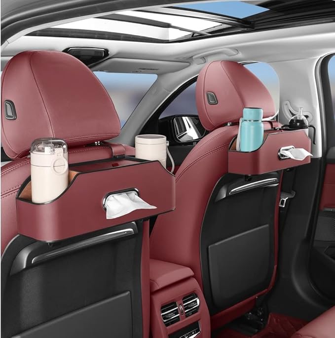 New car headrest Rear seat Multifunctional Storage Box, partition Design, with Cup Holder, Tissue Box, headrest Hook, Suitable for Children and Adults, car Travel Accessories（Red）