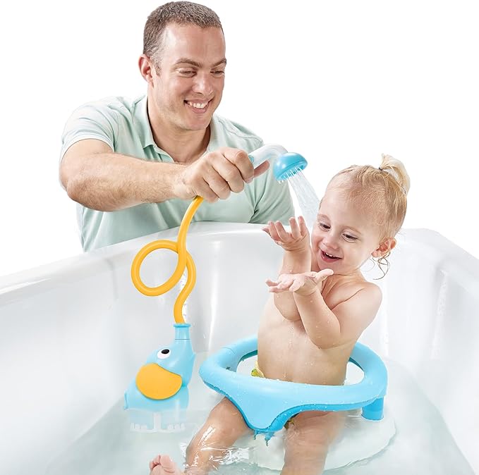 Yookidoo Baby Bath Shower Head – Elephant Water Pump with Trunk Spout Sprayer & Rinser, Dual Knob Flow Control, Bath Time Essential for Newborns, Tub or Sink (Blue & Orange)