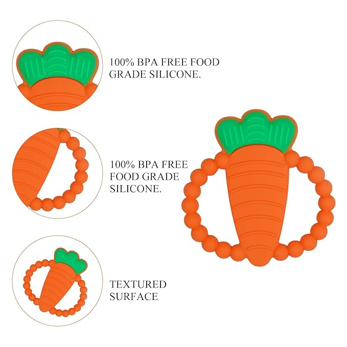 Silicone Baby Ring Teether Toy,Must Haves Teething Relief Chew Toys for 0-6,6-12 Months Boys and Girls,Newborns Essentials,Safe and Soft,BPA Free. (Carrot)