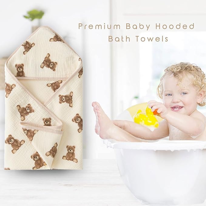 Little Jump Hooded Baby Towels for Newborn - 2 Pack 100% Cotton Muslin Baby Bath Towel, Soft and Absorbent for Boys Girls Infant, Large 32x32 Inches (Teddy Bears & Khaki)