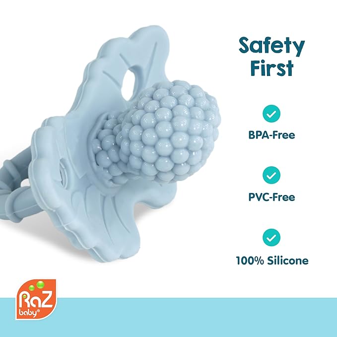 RaZbaby RaZberry Silicone Teether Pacifier – Teething Relief for Infants, Food-Grade, BPA-Free, Hands-Free, Natural Berrybumps Fruit Texture for Sensory Development, Freezable, 2-Pack - Pink & White