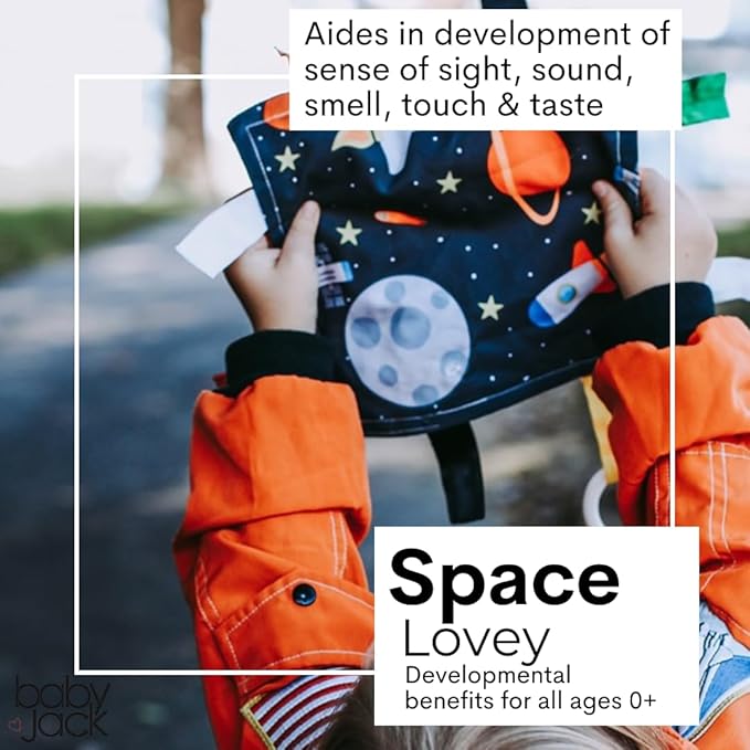 Baby Jack & Co 8x8” Outer Space Lovey Tag Toys for Babies - Crinkle Toys - Travel Self Sooth - Soft & Safe - Learn Shapes, Colors, Planets - BPA Free w/Stroller Clip