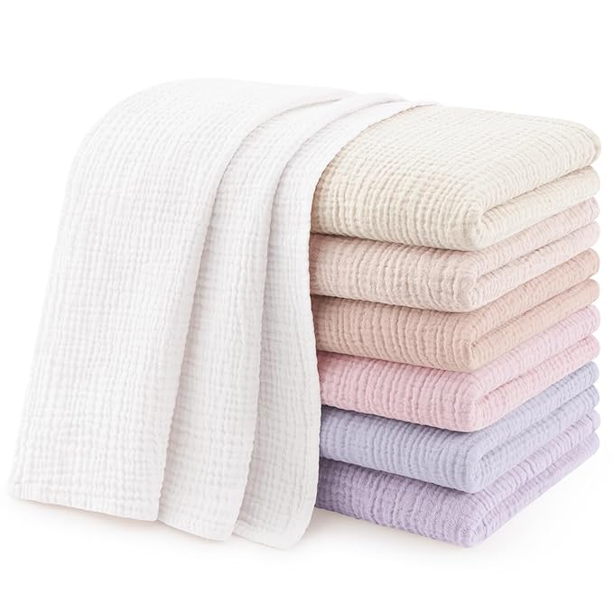 Susurration Muslin Burp Cloths 24x24 Inches Ultra Soft 100% Cotton, 4 or 7 Pack Baby Washcloths for Newborn, Absorbent Burp Rags & Swaddle Blankets