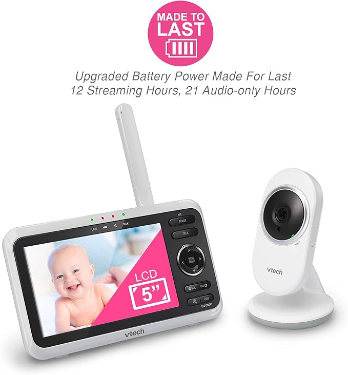 VTech VM350 No WiFi Video Baby Monitor - 5" High-Resolution Screen, Fixed Camera with 2X Zoom, 1000ft Range, Automatic Night Vision, 2-Way Talk, Lullabies, Temperature Sensor