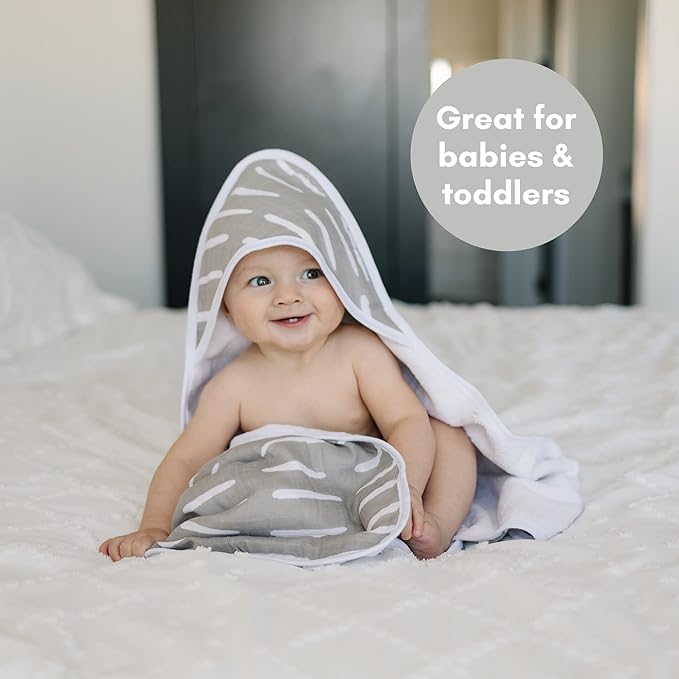 Mebie Baby Muslin Hooded Towel, Grey Dash, Cute Hooded Baby Bath Towel for Newborn, Infant & Toddler, Modern Baby Towels and Washcloths for Boy & Girl, Floral & Pattern Hooded Baby Towels