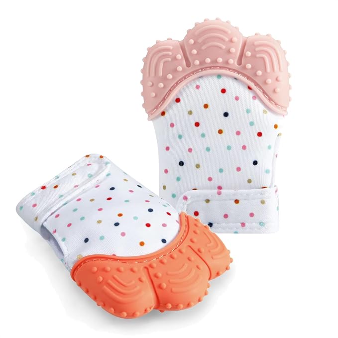 PandaEar Soothing Teething Mitten 2 Pack, Pain Relief, Protection Glove, Stimulating Teether (Orange Pink)