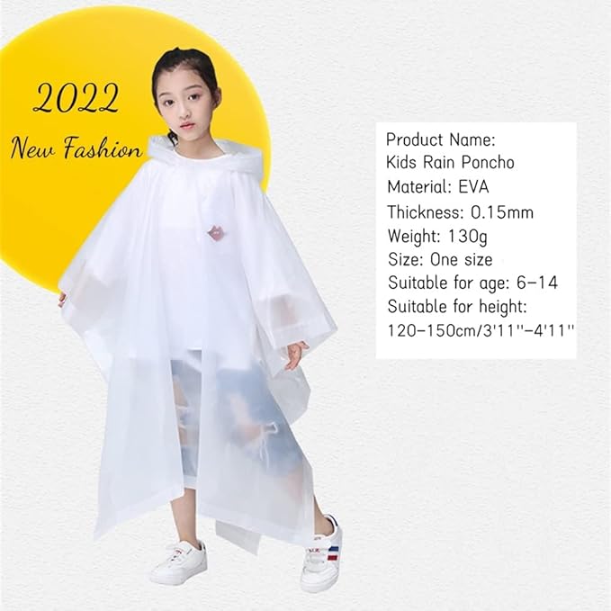 Rain Poncho for Kids (2 Pack), Reusable EVA Children Raincoat Ponchos Rain Jacket with Hood for 6-14 Girls Boys