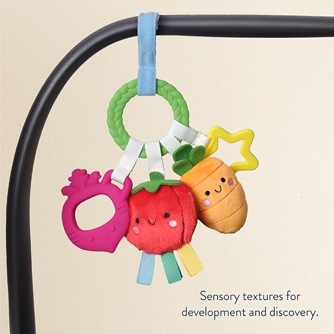 Itzy Ritzy Teething Activity Toy - Bitzy Busy Ring Infant Teething Toy Features Braided Ring & Dangling Toys, Includes Teether, Ribbons, Crinkle Sound & Jingle Bell - 0 Months & Up (Veggie)