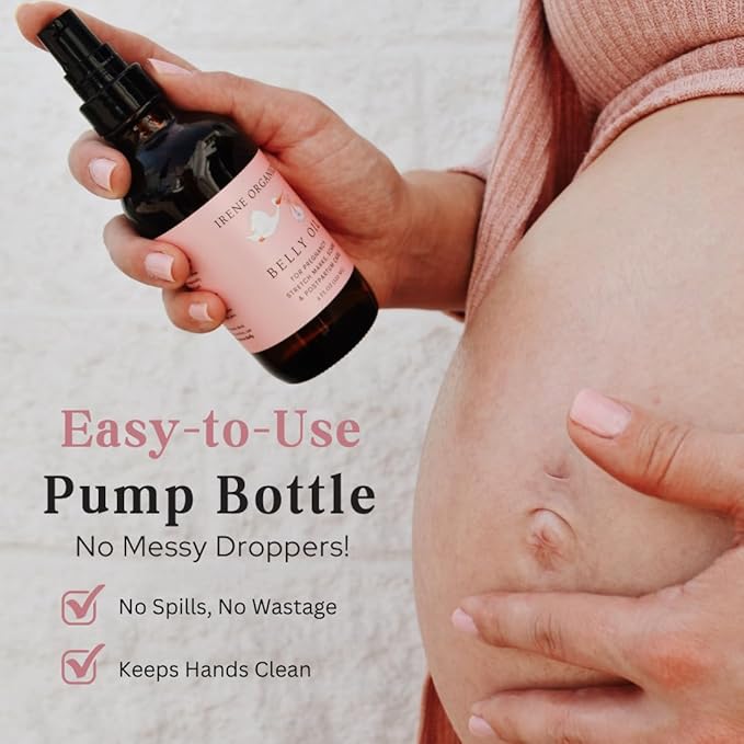 Irene Organics Organic Belly Oil for Pregnancy & Postpartum – Lightweight, Non-Greasy Stretch Mark Support Oil – Hydrating Vitamin E Bump Serum, Unscented & Pregnancy Safe