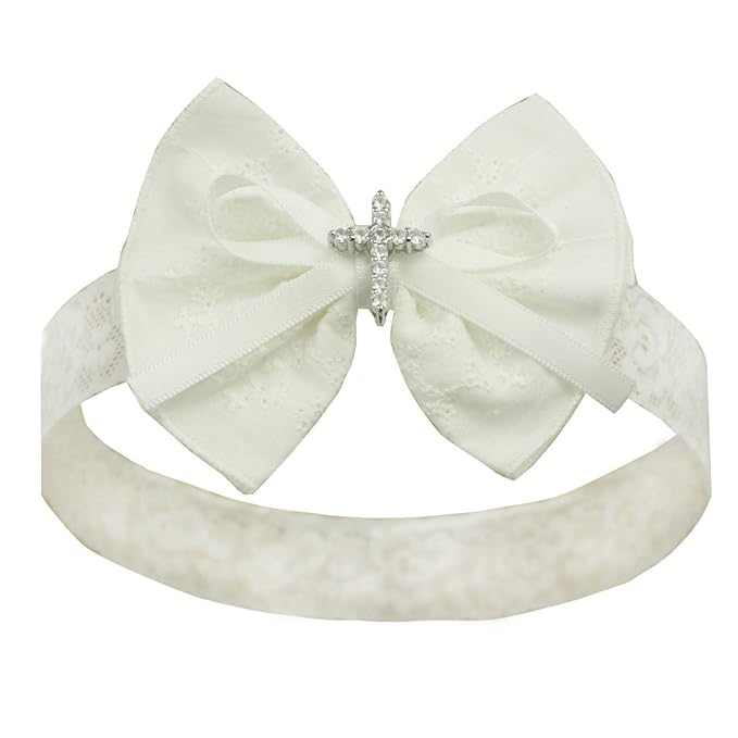 White Baby Bow Headband for Baptism Christening Satin Lace Hair Band with Cross for Toddler (A-off white bow headband, 6 months-2 years old)
