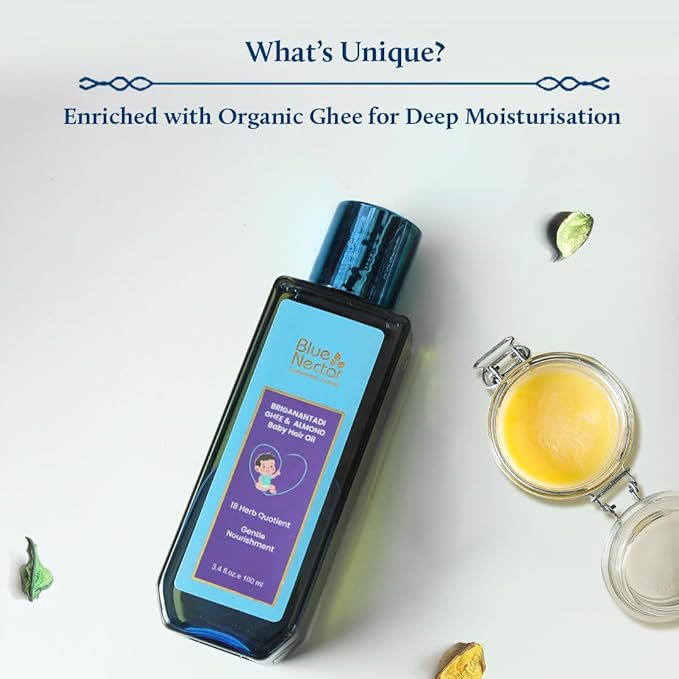 Blue Nectar Ayurvedic Baby Hair Oil with Organic Ghee, Almond Oil, Coconut Oil & Olive Oil for Hair and Scalp(18 Herbs, 3.38 Fl Oz)