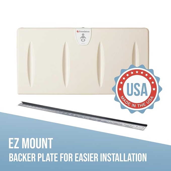 Foundations Classic Horizontal Baby Changing Station w/EZ Mount Backer Plate, Surface Mount, One Handed Adjustable Safety Strap & Liner Dispenser, Cream (5211089)
