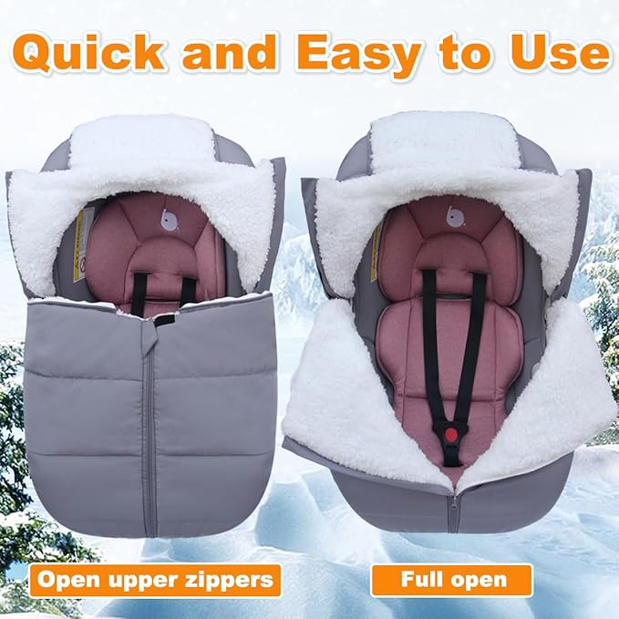 Winter Baby Car Seat Cover - Warm Infant Carseat Bunting Bag Blanket for Newborn Baby Boys Girls - Cold Weather Windproof Carrier Canopy for Travel -Universal Carseat Covers Canopies with Zips (Grey)