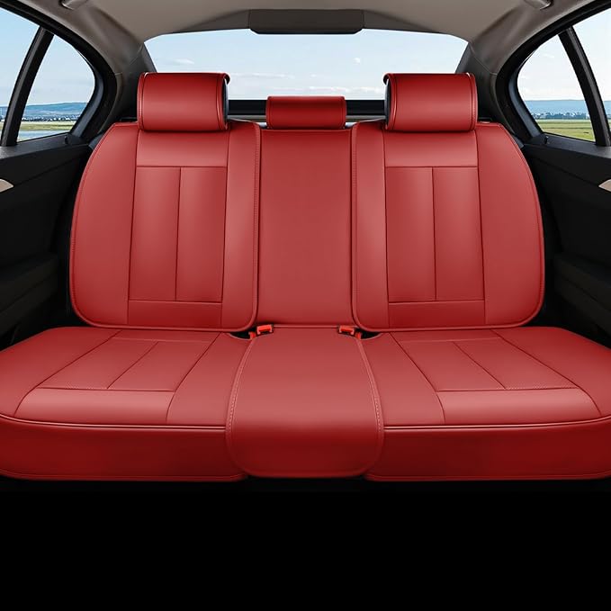 Coverado Rear Seat Covers, Faux Leather Car Seat Cover Back Seat, Dog Back Seat Cover, Red Backseat Car Covers, 3-Pieces Waterproof Seat Covers, Universal Car Seat Protector Fit Most Cars