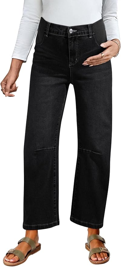 BLENCOT Women's Maternity Jeans Elastic Hight Waist Stretch Barrel Jeans Wide Leg Side Panel Pregnancy Denim Pants
